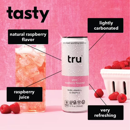 Tru Glow Seltzer Sparkling Water Raspberry Flavored Biotin Drink 12 Pack 12 oz