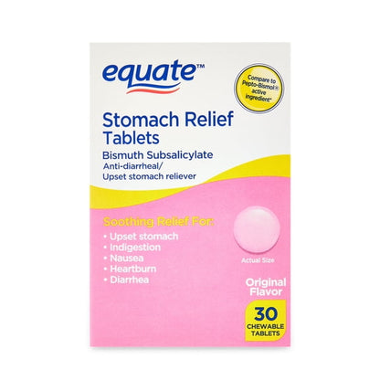 (3 pack) Equate Stomach Relief Chewable Tablets, 262 mg, 30 Count, Compare to Pepto-BismolÂ Active Ingredient