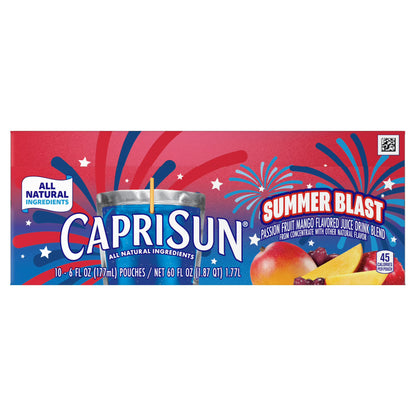 Capri Sun Summer Blast Passion Fruit Mango flavored Juice Drink Blend, from concentrate with other natural flavor, 10 Count Box, 6 fl oz Pouches