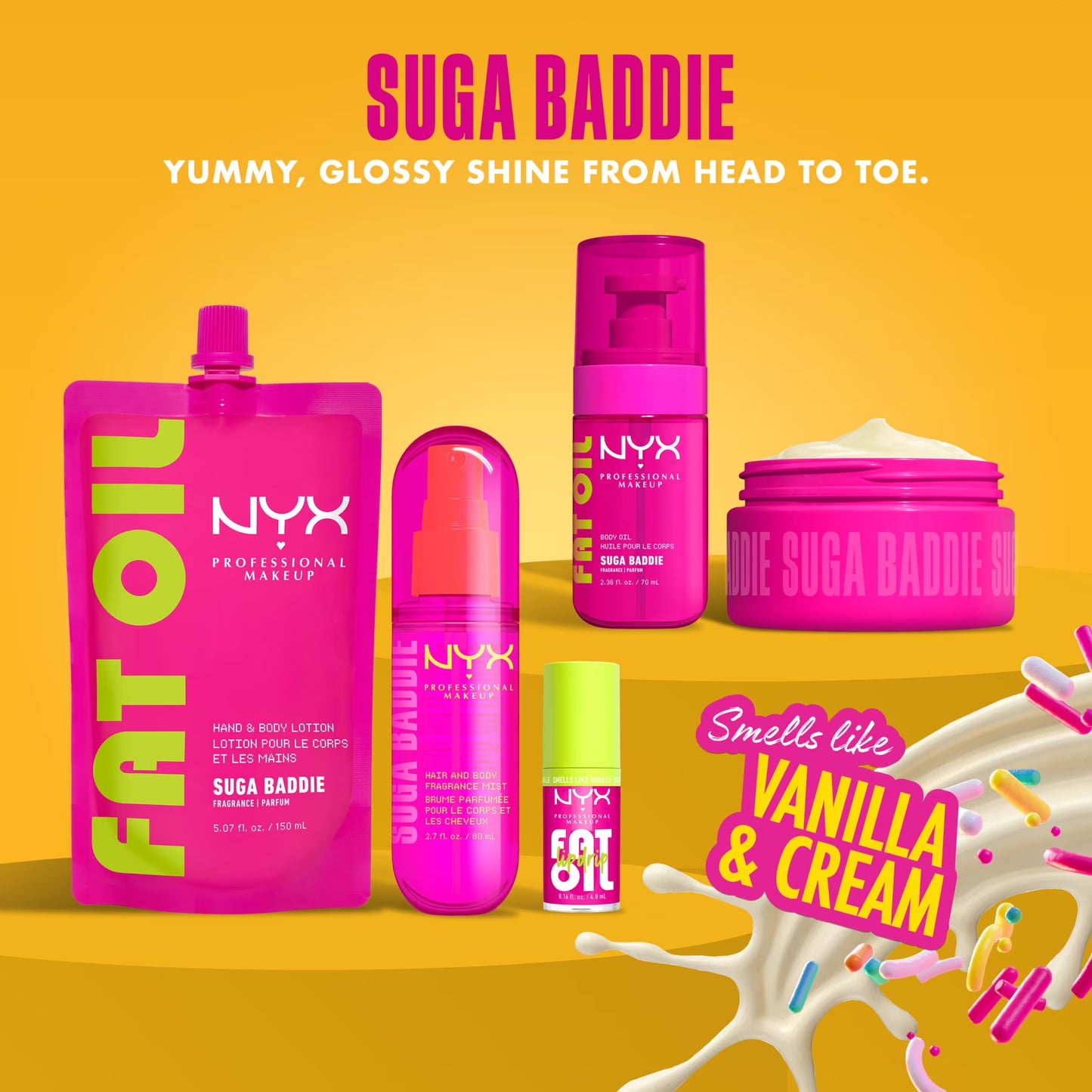 NYX Professional Makeup Fat Oil Hydrating Body Oil for Body Glow with Avocado Oil & Vitamin C, Suga Baddie, 2.36 fl oz