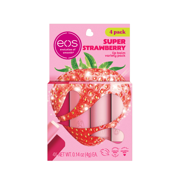 eos Super Strawberry Lip Balm Variety Pack, Made for Sensitive Skin, 0.14 oz, Pack of 4