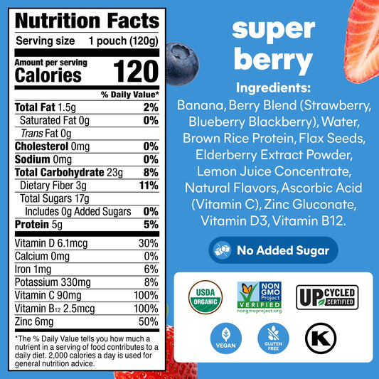 Noka Organic Superfood Smoothie Pouches, Plant Protein, Super Berry, 4.22oz, 4 Pack
