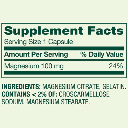 Spring Valley Rapid-Release Magnesium Citrate Bone Health Dietary Supplement Capsules, 100 mg, 100 Count