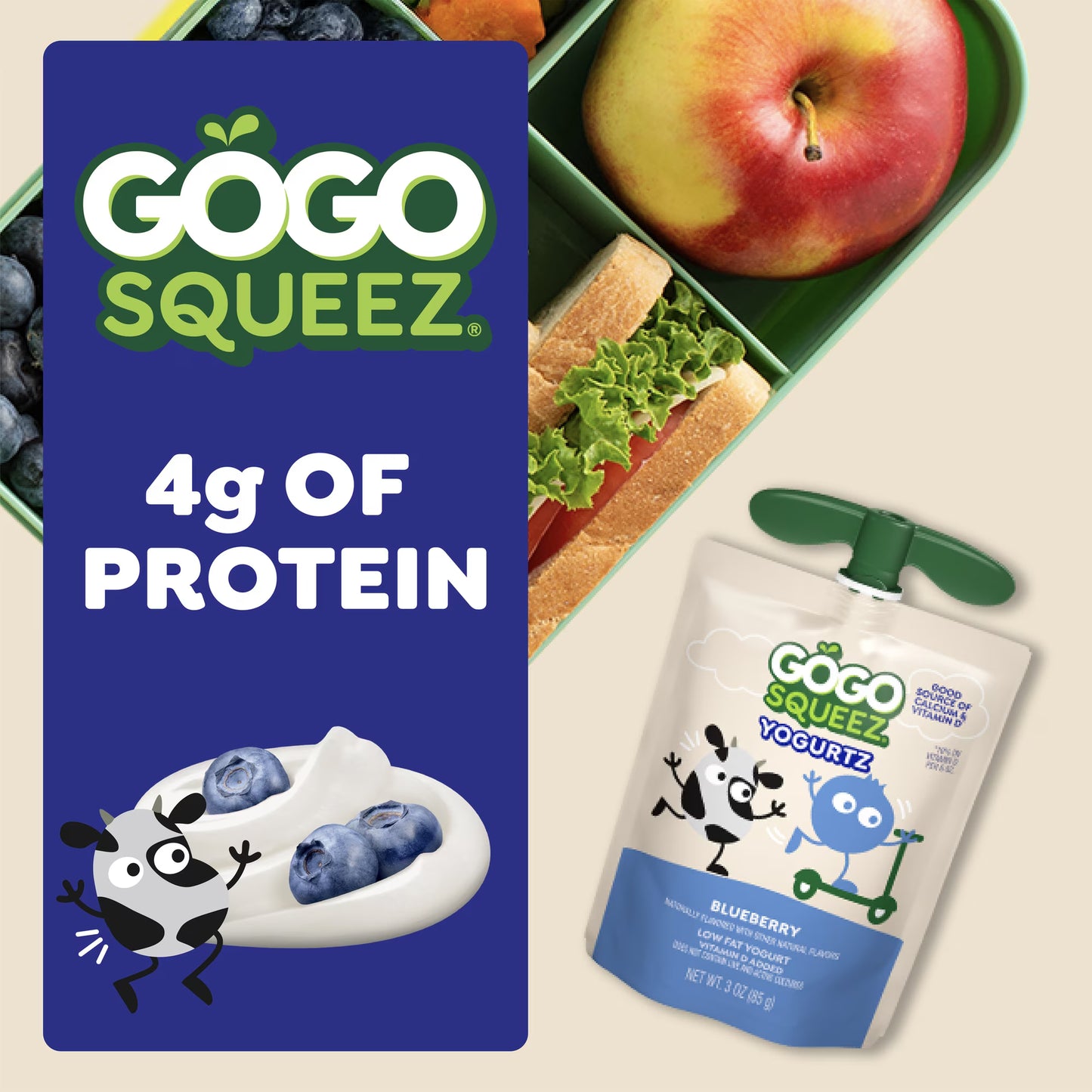 GoGo squeeZ Low Fat Yogurtz Blueberry and Berry Yogurt Snack Pouches, 3 oz (10 Pack)