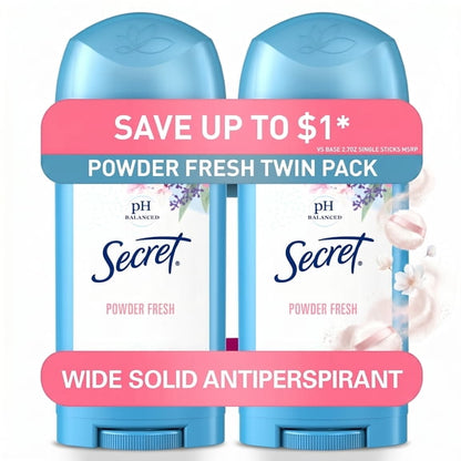 Secret Solid Antiperspirant Deodorant, Powder Fresh, 2.7 oz, Twin Pack