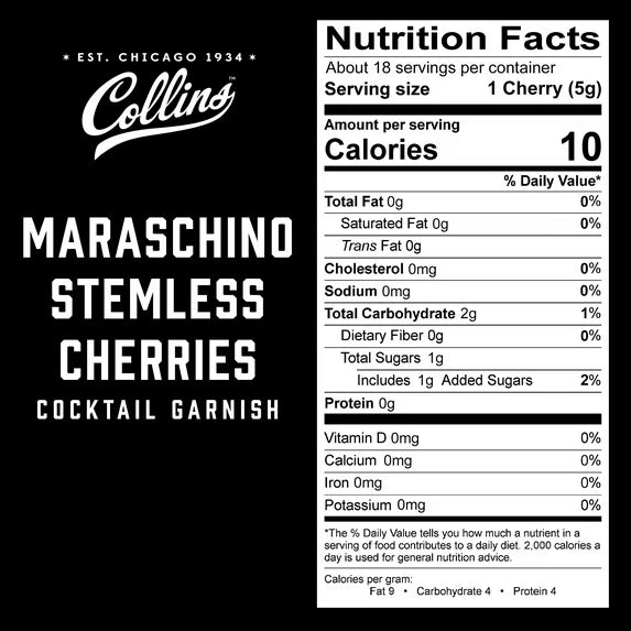 Collins Stemless Maraschino Cherries | Popular Garnish for Cocktail Drinks, Desserts, Martinis, Manhattan, Old Fashioned, 10oz