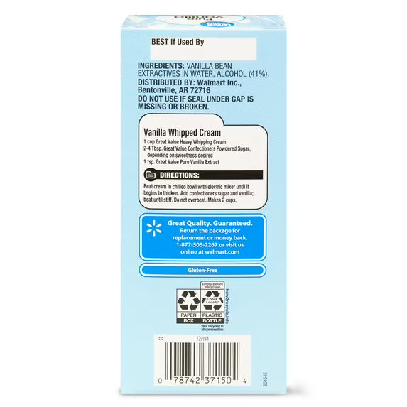 Great Value Pure Vanilla Extract, 2 fl oz