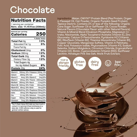 OWYN Complete Nutrition 20g Protein Shake, Chocolate, 11.15 fl oz, 4 Count