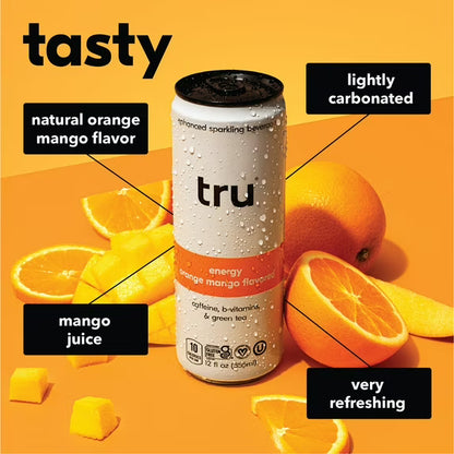 Tru Energy Seltzer, Orange Mango, Green Tea, B Vitamins, Low Calorie, Gluten Free, Vegan, 12 fl oz, 12 Pack
