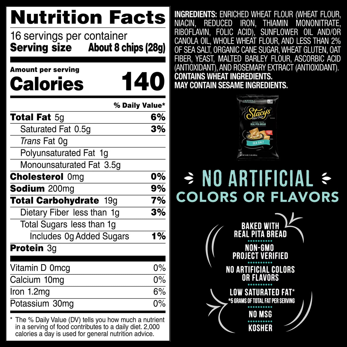 Stacy’s No Artificial Colors or Flavors Sea Salt Pita Chips Bag, 16 oz