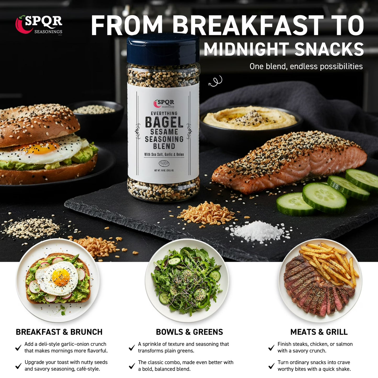 Everything Bagel Seasoning Blend by SPQR Seasonings Original XL 10 oz. Jar Delicious Blend of Sea Salt and Mixed Spices