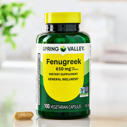 (3 pack) Spring Valley Fenugreek Dietary Supplement Vegetarian Capsules for General Wellness, 610 mg, 100 Count