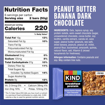 KIND Breakfast Peanut Butter Banana Dark Chocolate Gluten Free Protein Snack Bars, 1.76 oz, 6 Count One box