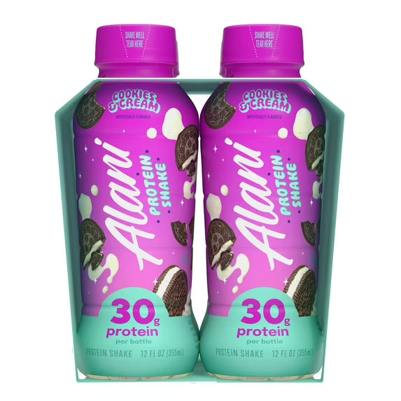 Alani Nu Protein Shake, Cookies & Cream, 12 fl oz, 4 Pack, Bottles, 30g Protein, Gluten Free