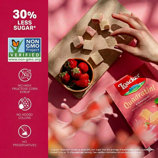 Quadratini Strawberry, NON-GMO Bite-size Wafer Cookie, 8.82 oz, pack of 6