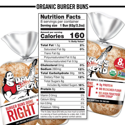 Dave's Killer Bread Burger Buns Done Right, Organic Hamburger Buns, 8 Ct, 17.6 oz, Shelf-Stable