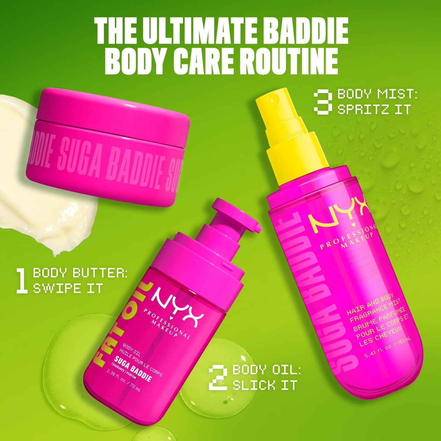 NYX Professional Makeup Fat Oil Hydrating Body Oil for Body Glow with Avocado Oil & Vitamin C, Suga Baddie, 2.36 fl oz