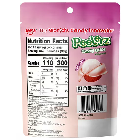 Amos Peelerz Peelable Gummy Lychee Bulk Candy individually Wrapped 3 oz(1 Pack)
