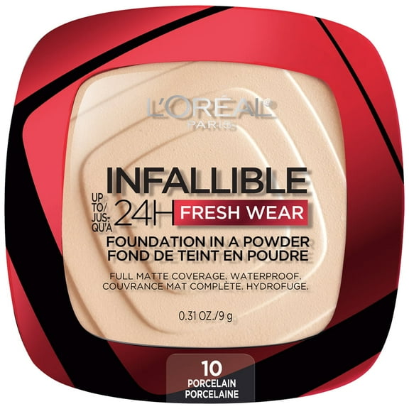 L'Oreal Paris Infallible Fresh Wear 24 Hr Powder Foundation Makeup, 010 Porcelain, 1 fl oz