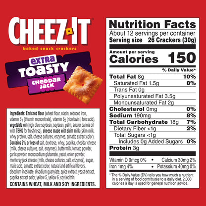 (3 pack) Cheez-It Extra Toasty Cheddar Jack Cheese Crackers, Baked Snack Crackers, 12.4 oz
