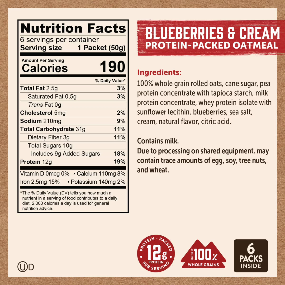 Kodiak Protein-Packed Blueberries and Cream Instant Oatmeal Packets, 1.76 oz (6 Count)