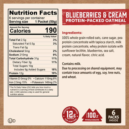 Kodiak Protein-Packed Blueberries and Cream Instant Oatmeal Packets, 1.76 oz (6 Count)