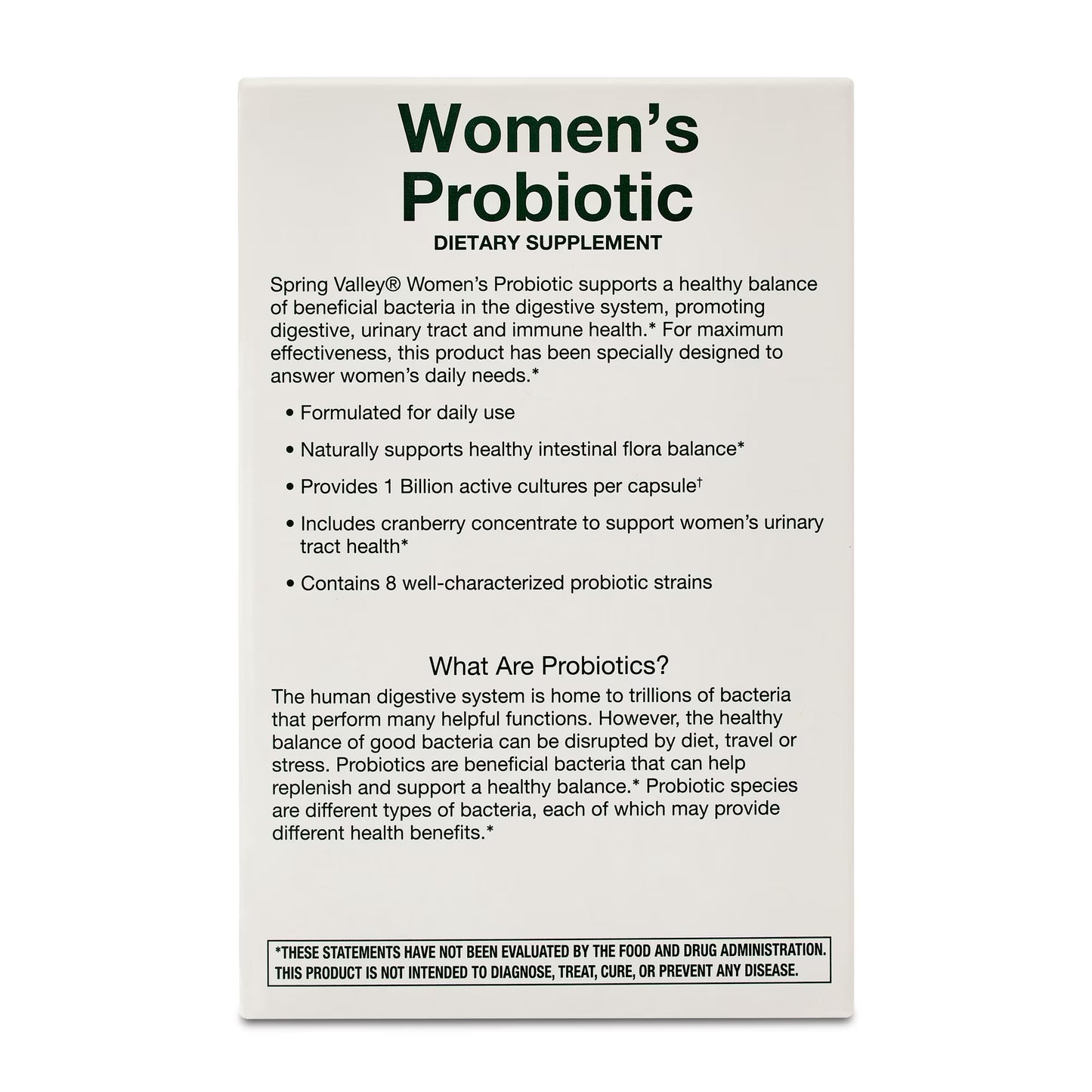 Spring Valley Women's Probiotic Dietary Supplement Vegetarian Capsules for Digestive Health, Cranberry, 60 Count Value Size