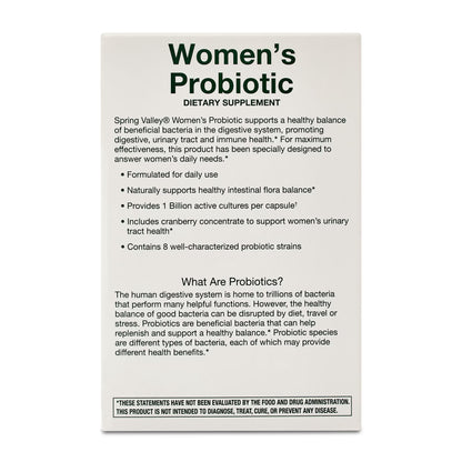 Spring Valley Women's Probiotic Dietary Supplement Vegetarian Capsules for Digestive Health, Cranberry, 60 Count Value Size