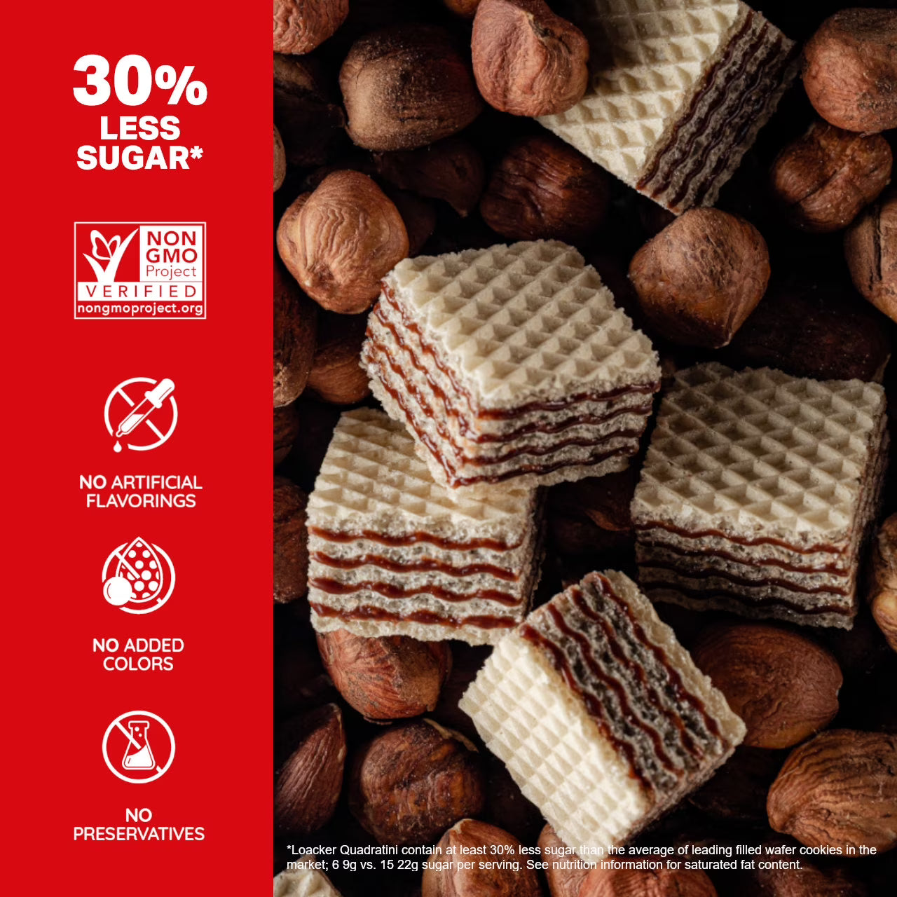 Quadratini Hazelnut, NON-GMO Bite-size Wafer Cookie, 8.82 oz, pack of 6