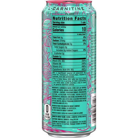Monster Energy Ultra, Vice Guava, Sugar Free Energy Drink, 16 Fl Oz