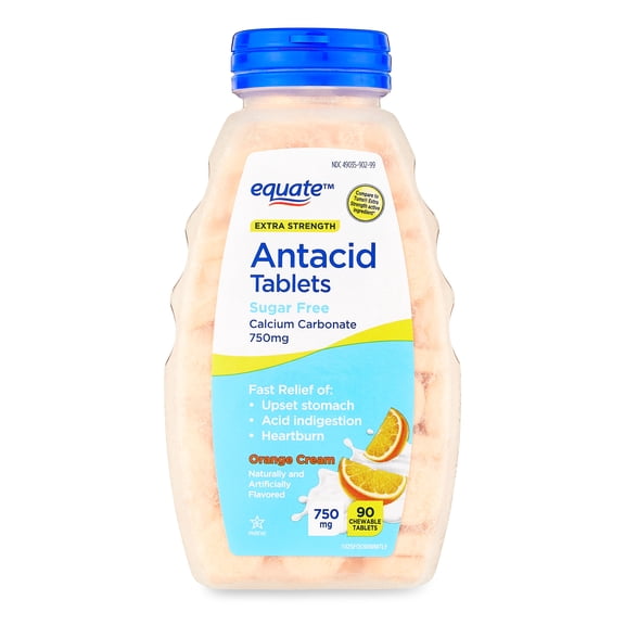 Equate Calcium Carbonate Extra Strength Sugar-Free Chewable Antacid Tablets, Orange Cream, 750 mg, 90 Count