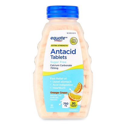 (4 pack) Equate Calcium Carbonate Extra Strength Sugar-Free Chewable Antacid Tablets, Orange Cream, 750 mg, 90 Count