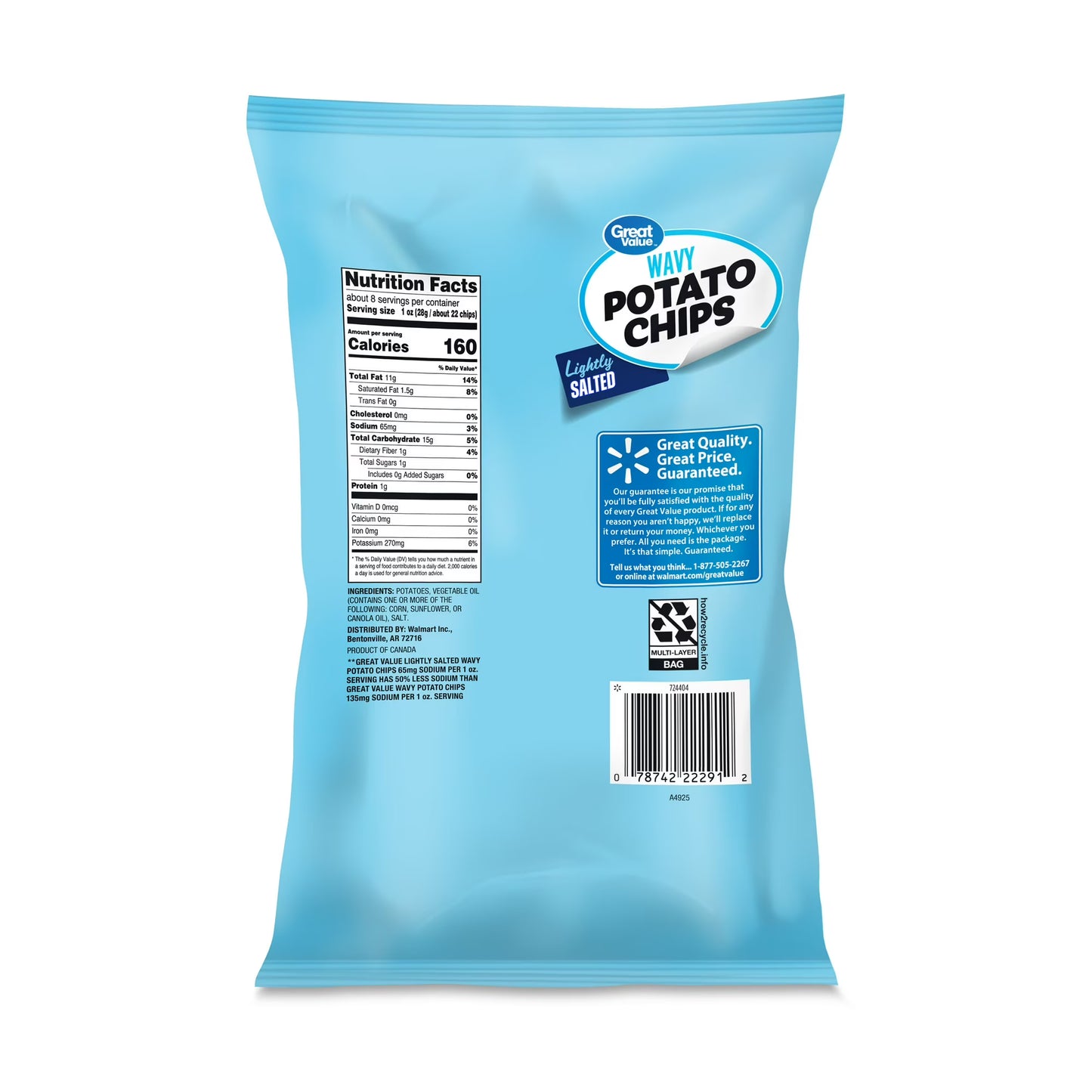 Great Value Lightly Salted Wavy Potato Chips, 7.5 oz