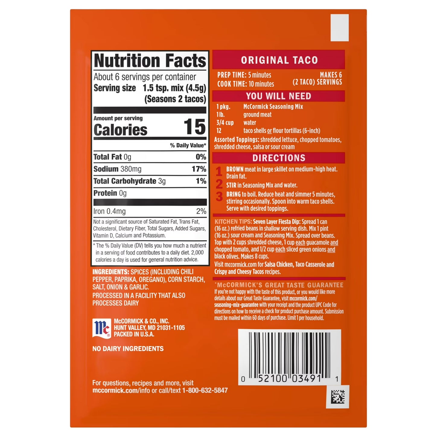 McCormick Original Taco Seasoning Mix, 1.0 oz Packet