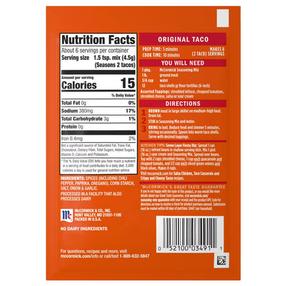 McCormick Original Taco Seasoning Mix, 1.0 oz Packet