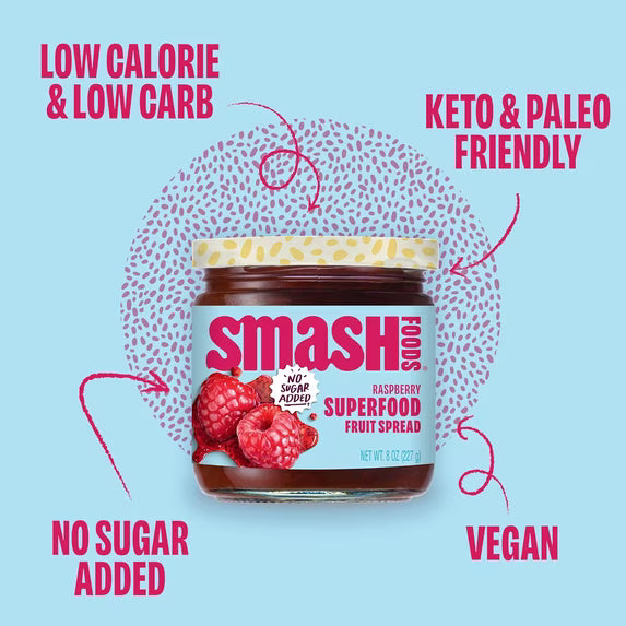 Smash Foods Raspberry Jam, No Sugar Added, Low-Calorie, Vegan (1 Jar) 8oz