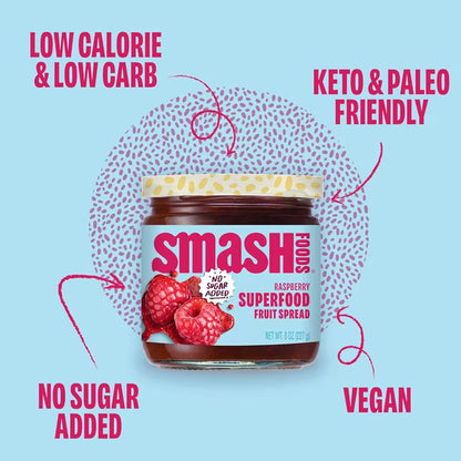 Smash Foods Raspberry Jam, No Sugar Added, Low-Calorie, Vegan (1 Jar) 8oz