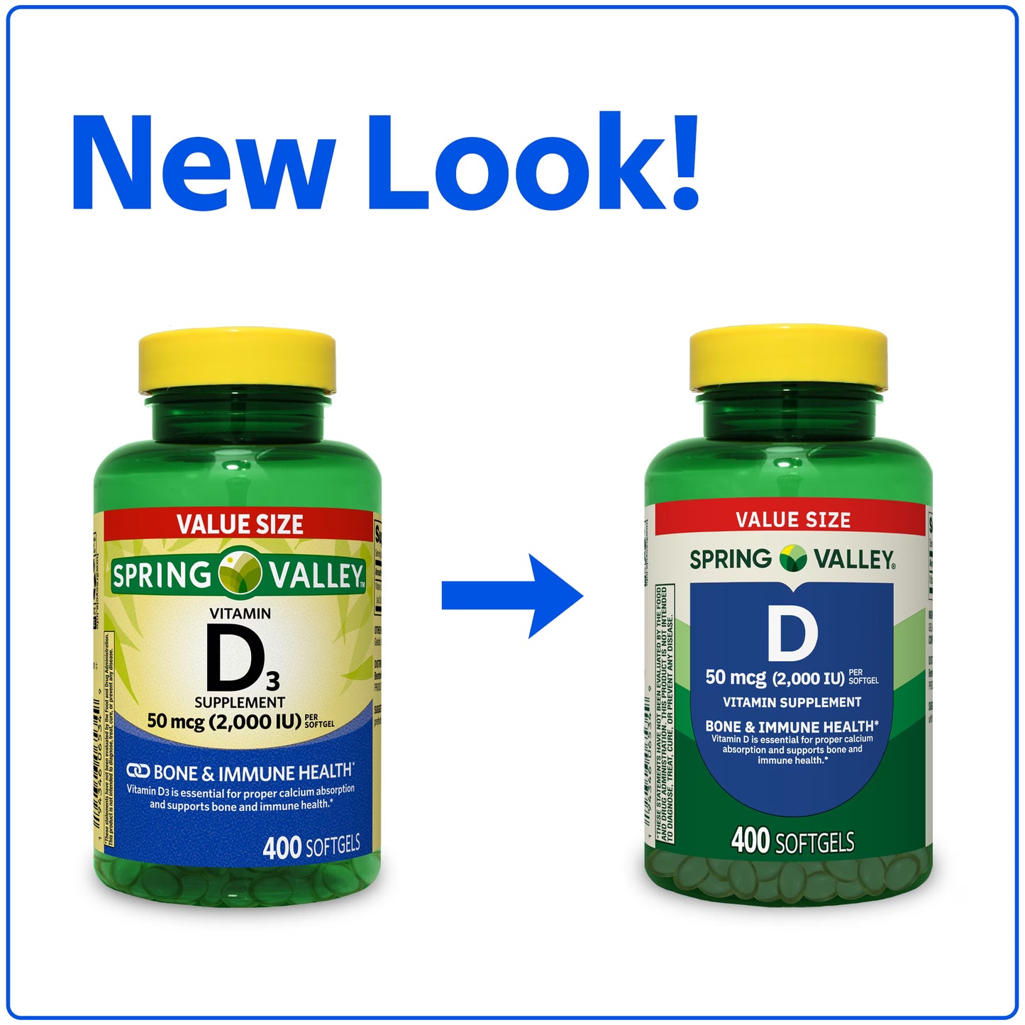 Spring Valley Vitamin D3 Softgels, 50 mcg (2,000 IU), 400 Count, Supplement for Bone and Immune Health