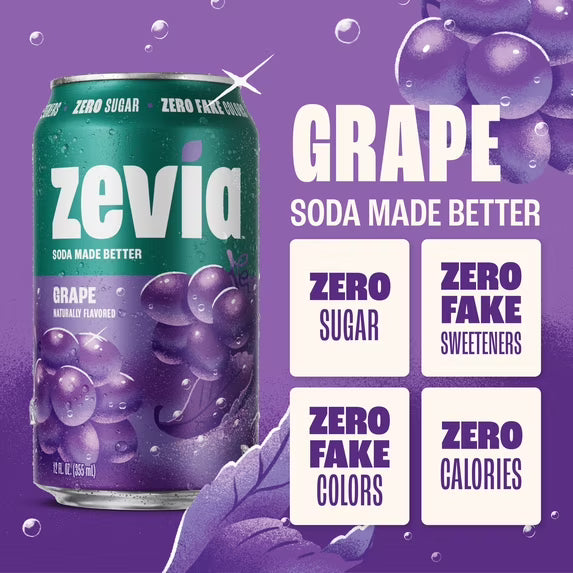 Zevia Zero Sugar, 0 Calorie Grape Soda, 12 fl oz, 8 Pack Cans