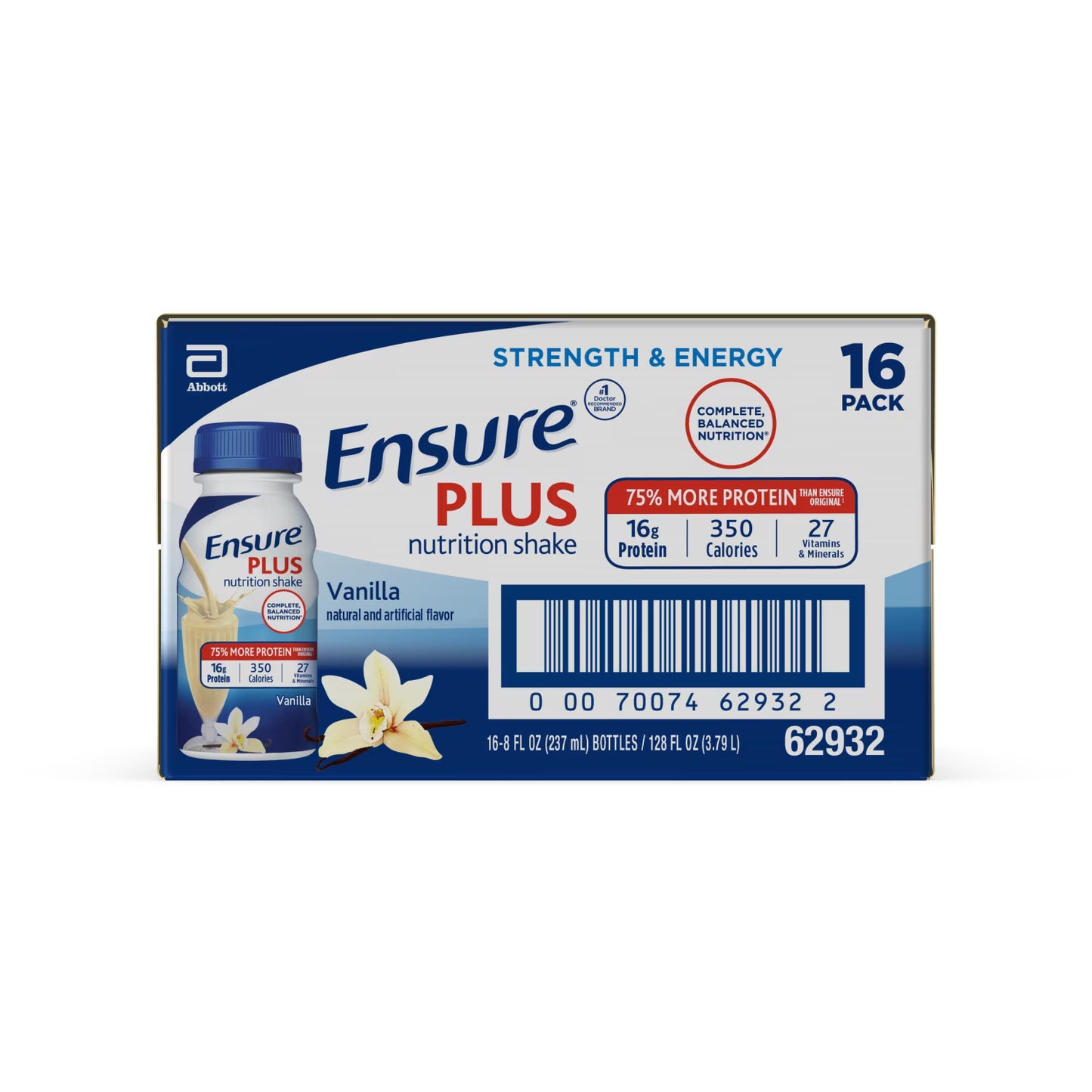 Ensure Plus Meal Replacement Nutrition Shake, Vanilla, 16g Protein, 8 fl oz - 16 Pack