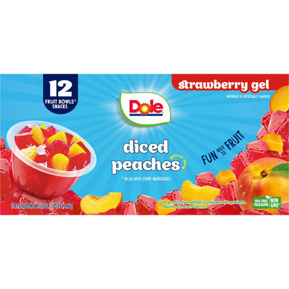 Dole Fruit Bowls Diced Peaches in Strawberry Gel, 4.3 oz Cups (12 Pack)