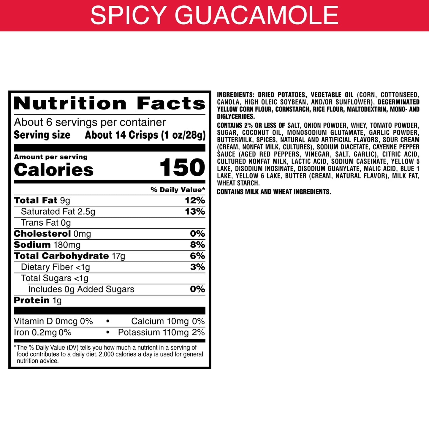 Pringles Spicy Guacamole Potato Crisps Chips, Lunch Snacks, 5.5 oz Canister