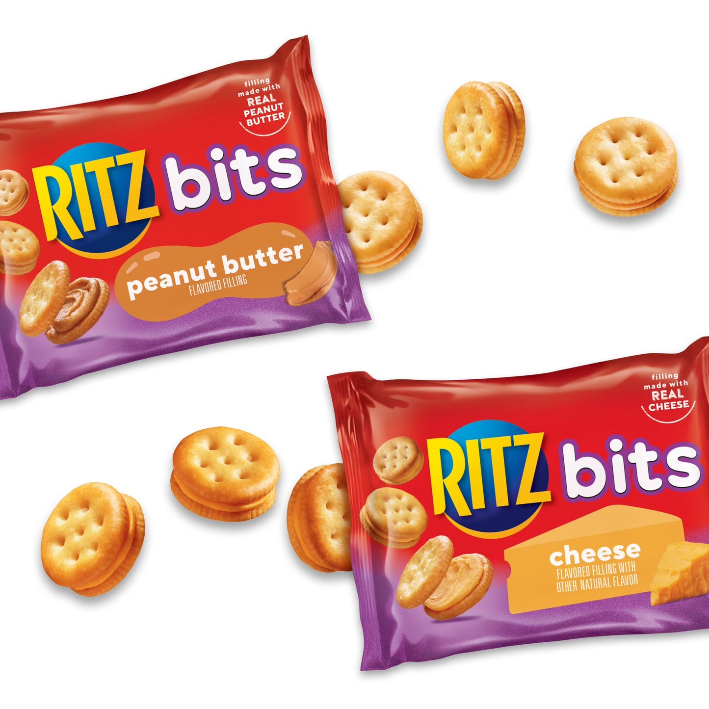 RITZ Bits Cheese and Peanut Butter Sandwich Crackers Variety Pack, Lunch Snacks, 20 Snack Packs