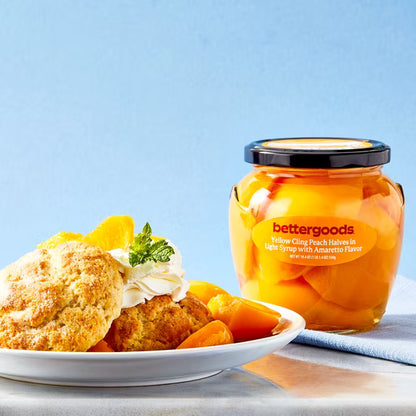 bettergoods Yellow Cling Peach Halves in Light Syrup with Amaretto Flavor, 20 oz