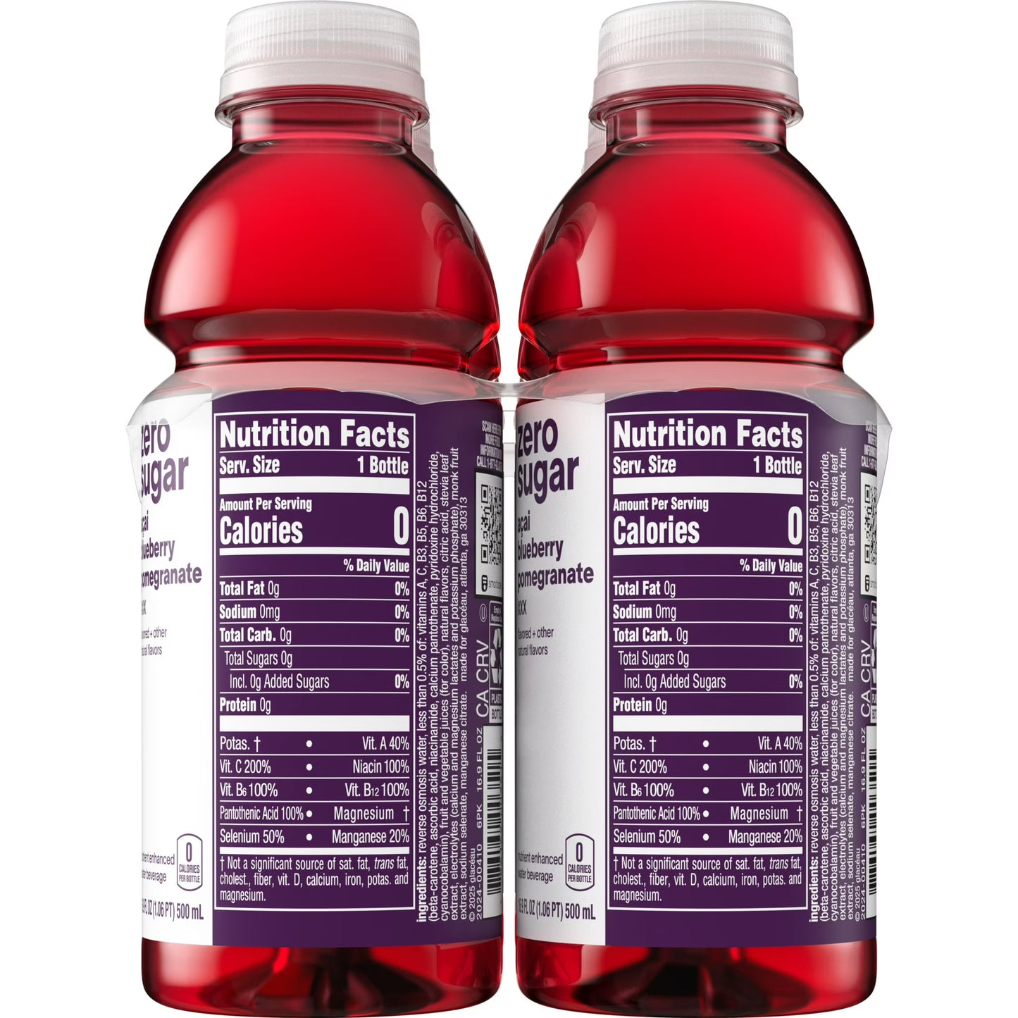 vitaminwater XXX Zero Sugar Acai-Blueberry-Pomegranate Water Beverage Bottles, 16.9 fl oz, 6 Pack