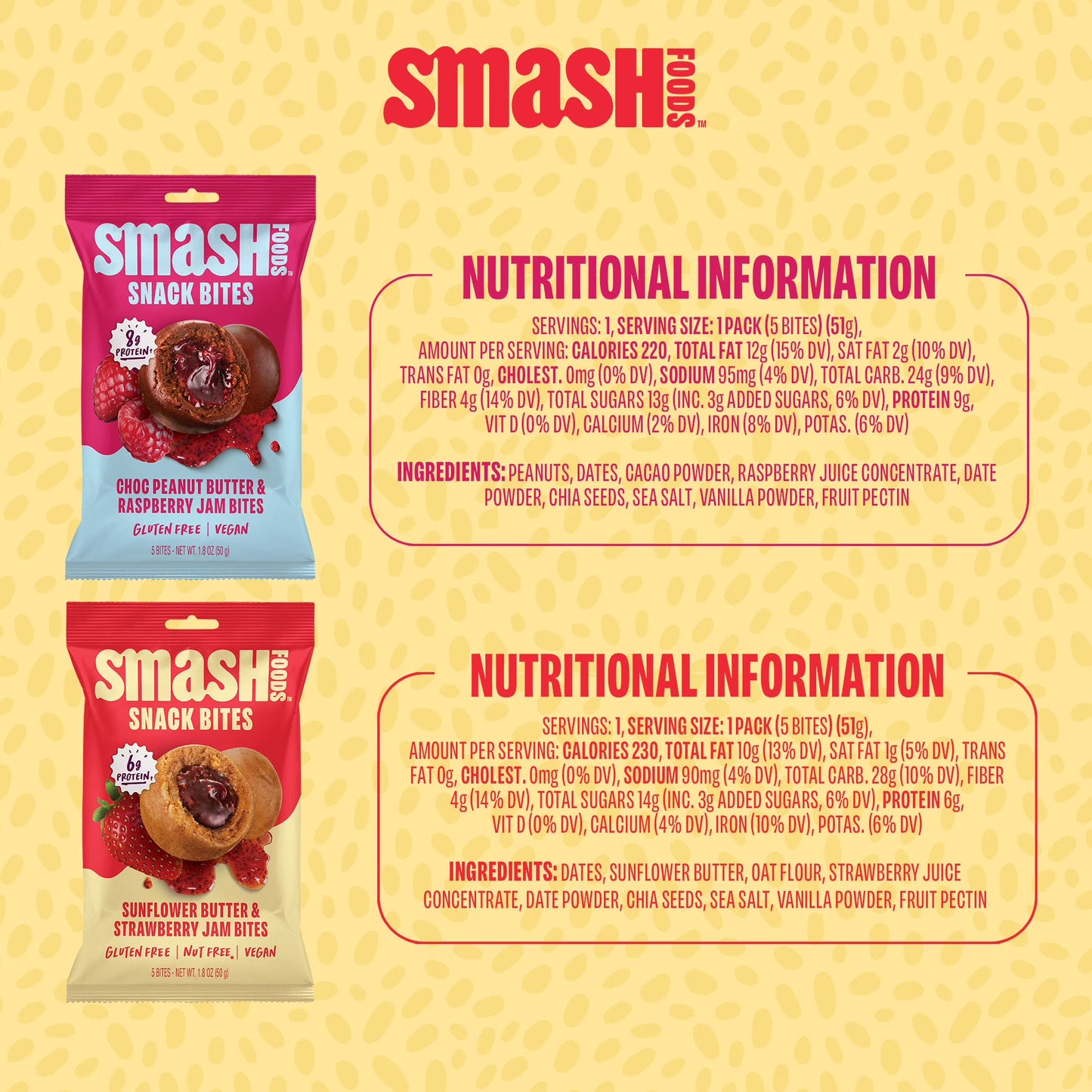 Smash Foods Gluten-Free Vegan Snack Bites (Variety), Protein & Energy, 8-Pack