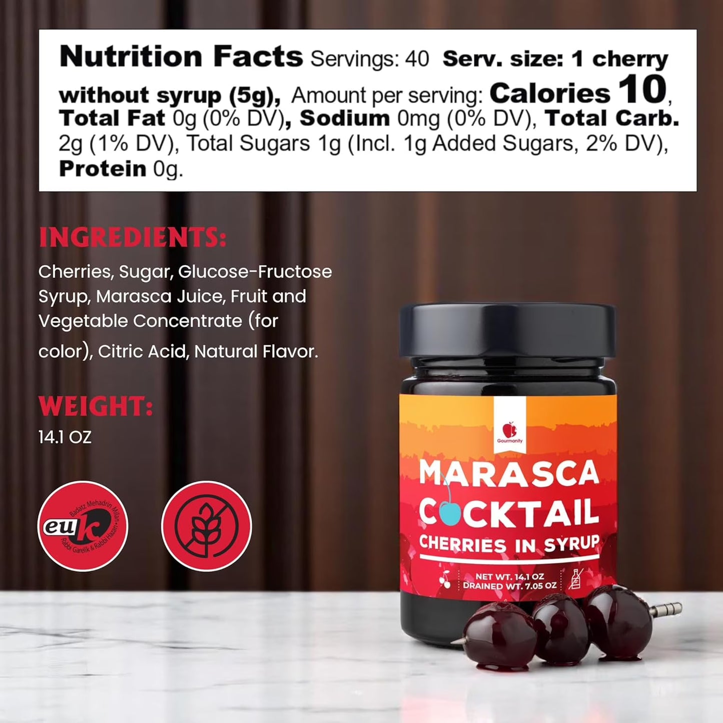 Gourmanity Cocktail Maraschino Cherries, Made from Italian Grown Marasca Cherries. Use in Manhattan, Old Fashioned, and Desserts (14.1oz Jar)