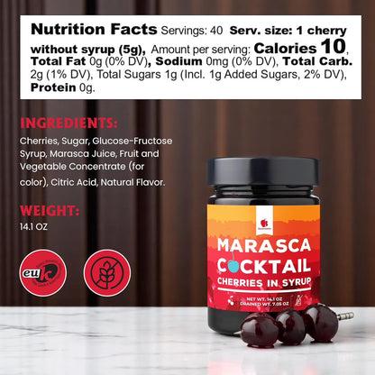Gourmanity Cocktail Maraschino Cherries, Made from Italian Grown Marasca Cherries. Use in Manhattan, Old Fashioned, and Desserts (14.1oz Jar)