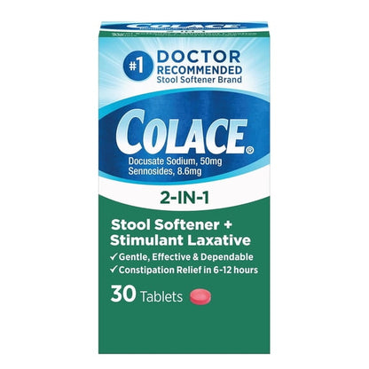 Colace 2-in-1 Stool Softener Plus Stimulant Laxative Tablets, 30 Count