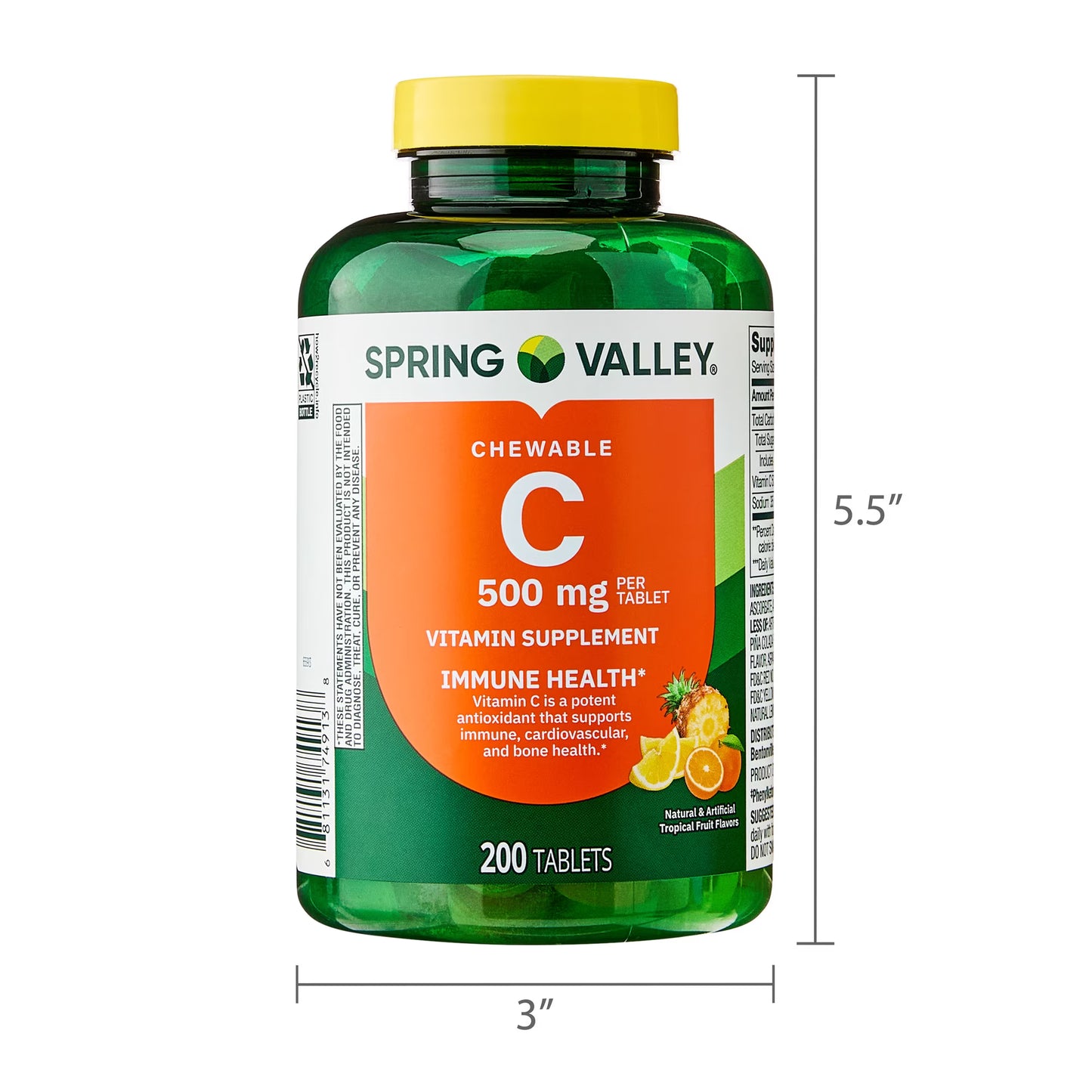 Spring Valley Vitamin C Dietary Supplement, Tropical Fruit, 500 mg, 200 Count, Chewable Tablets for Immune Health